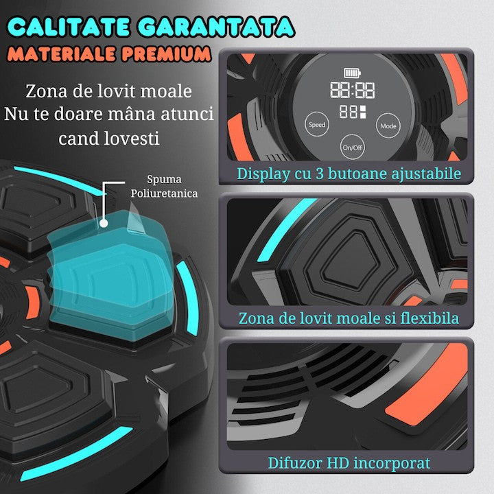 Tinta Lovituri Box Montabil pe Perete, Flippy, Negru, Difuzor, Bluetooth, Iluminare LED, 41.5 x 6.5 x 42 cm, Manusi