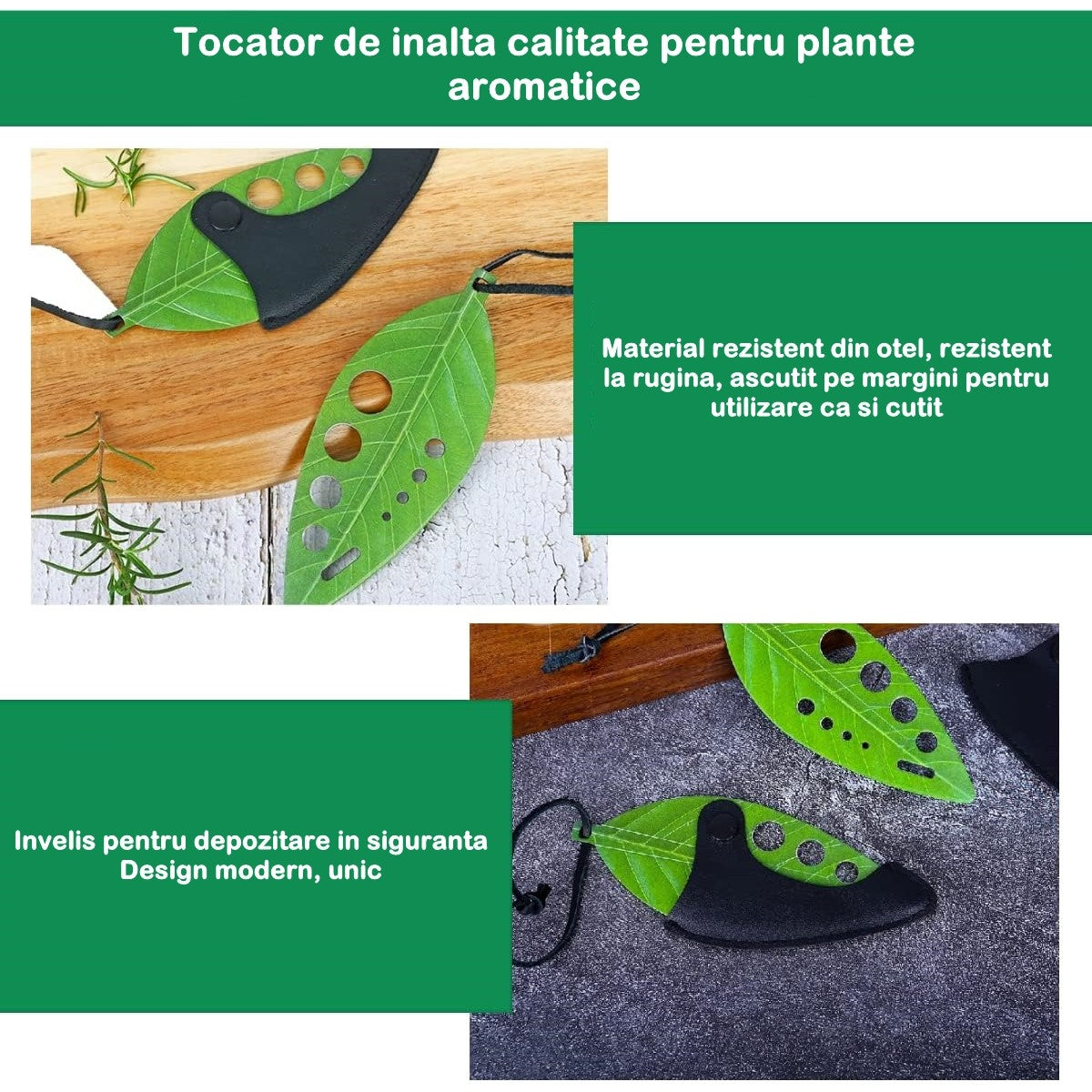 Tocator manual pentru ierburi Flippy, instrument de curatat frunze, tocator, margini ascutie, 9 gauri de diferite
