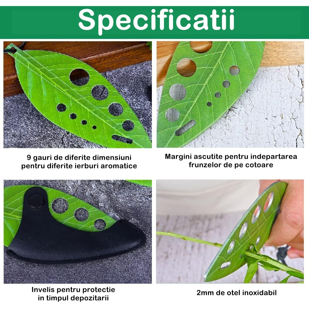 Tocator manual pentru ierburi Flippy, instrument de curatat frunze, tocator, margini ascutie, 9 gauri de diferite
