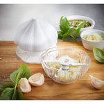Tocator manual pentru usturoi, in forma de usturoi, cutite rezistente, utilizare prin apasare, material ABS si inox,