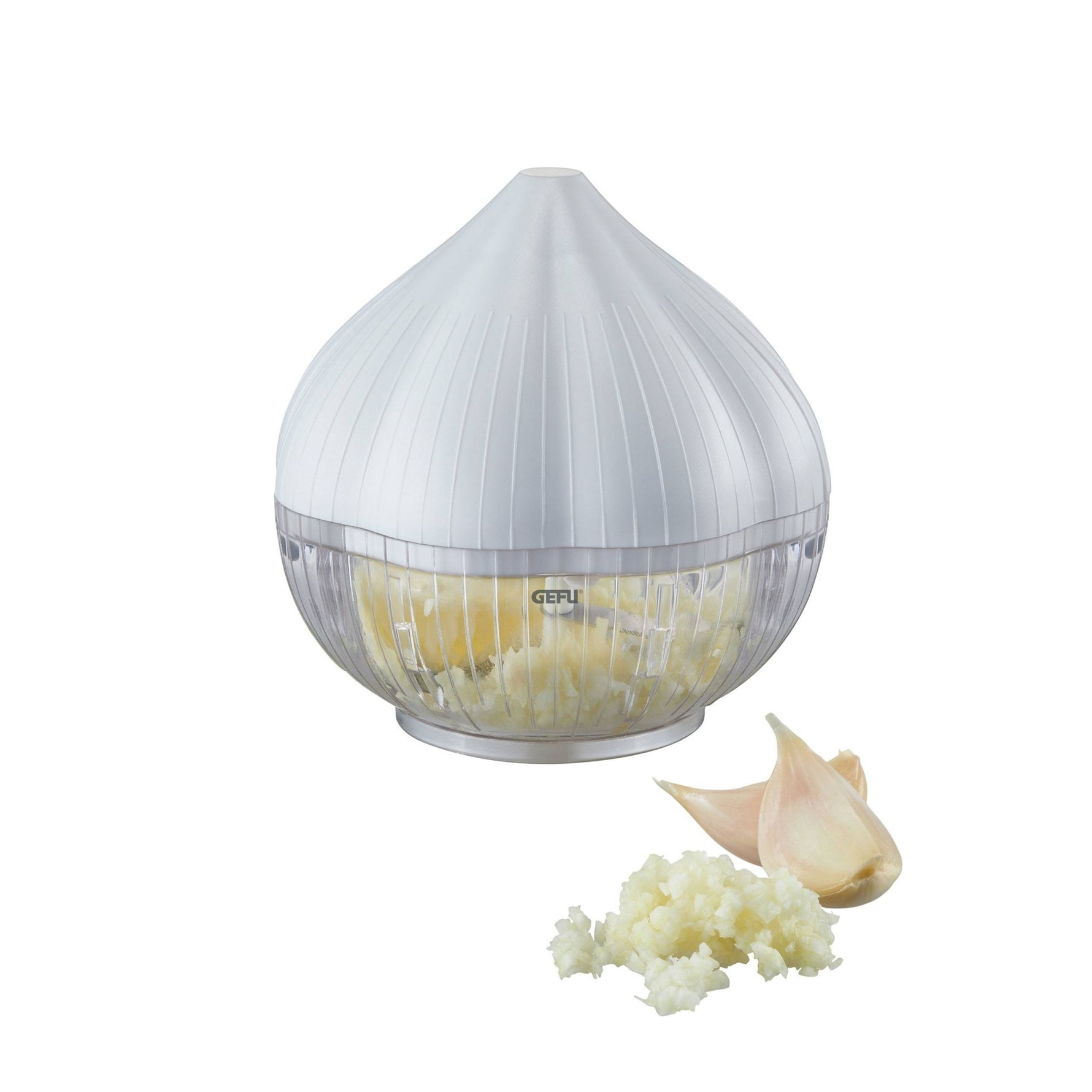 Tocator manual pentru usturoi, in forma de usturoi, cutite rezistente, utilizare prin apasare, material ABS si inox,