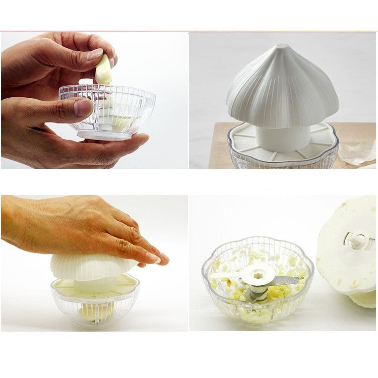 Tocator manual pentru usturoi, in forma de usturoi, cutite rezistente, utilizare prin apasare, material ABS si inox,
