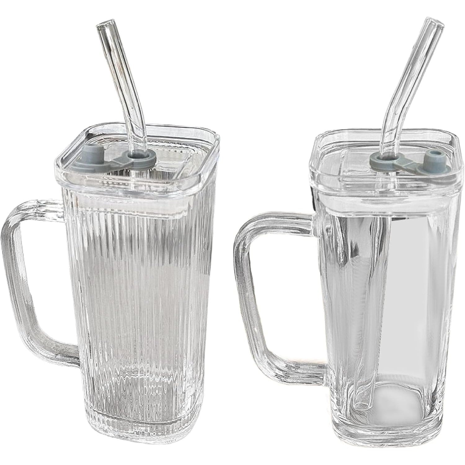 Pahar pentru Racoritoare, Flippy, din Sticla, 330 ml, cu Pai si Maner, Model Clear Dungi Verticale, Transparent