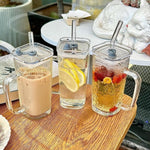 Pahar pentru Racoritoare, Flippy, din Sticla, 330 ml, cu Pai si Maner, Model Clear Dungi Verticale, Transparent