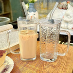 Pahar pentru Racoritoare, Flippy, din Sticla, 330 ml, cu Pai si Maner, Model Clear Dungi Verticale, Transparent