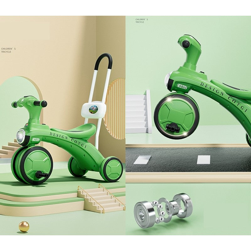 Tricicleta pentru copii Flippy, pedalare, impingere, lumini si sunete, pedale antiderapante, material dur, cos