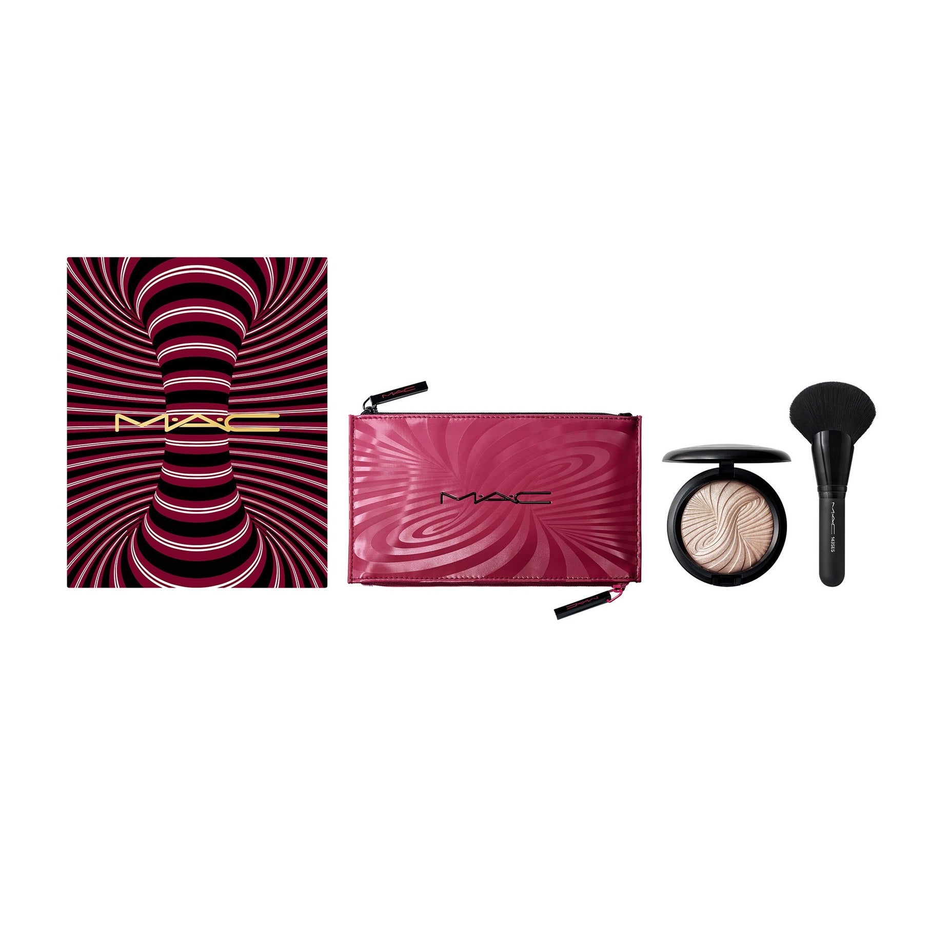 Trick Of The Light Extra Dimension Skinfinish Kit Set MAC: Textile Makeup Bag, Burgundy + MAC, Multi Face Brush, 143S + Extra Dimension Skinfinish, Highlighter Powder, Magnetic Attraction, 9 g - Olmarkt