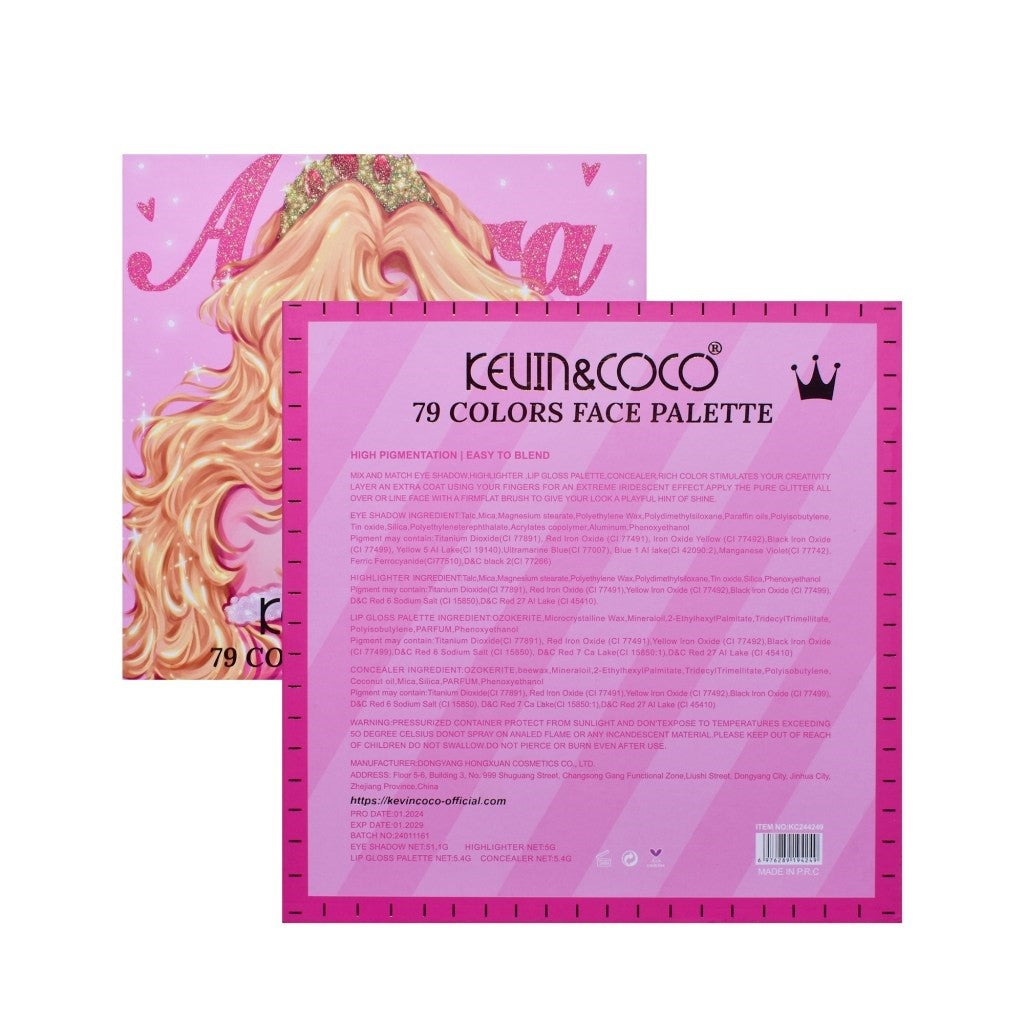 Trusa de Machiaj, KEVIN & COCO, Princess Palette. Fard de Pleoape, Iluminator, Corector, Ruj, 79 culori, 19.7 x 20 x 2