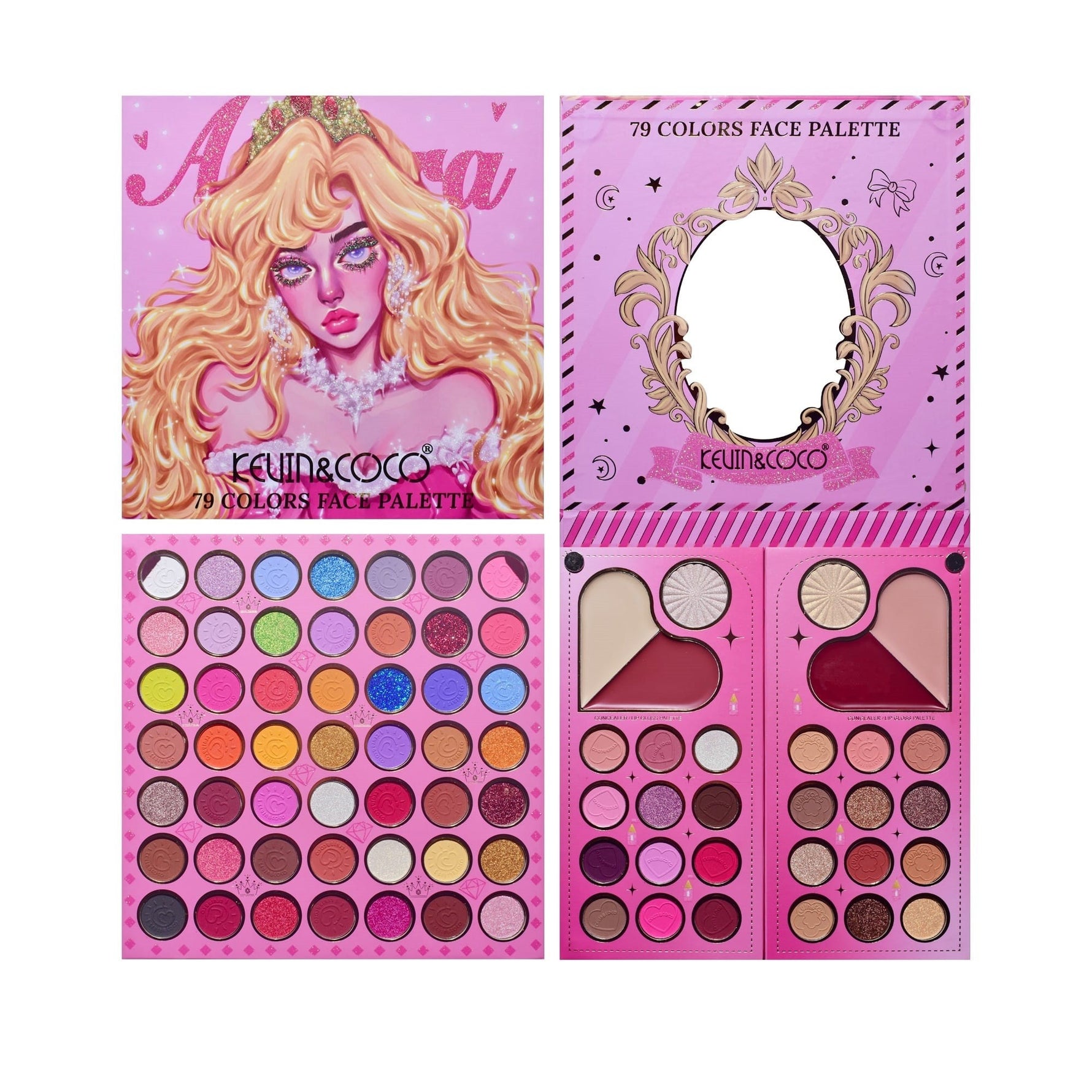 Trusa de Machiaj, KEVIN & COCO, Princess Palette. Fard de Pleoape, Iluminator, Corector, Ruj, 79 culori, 19.7 x 20 x 2