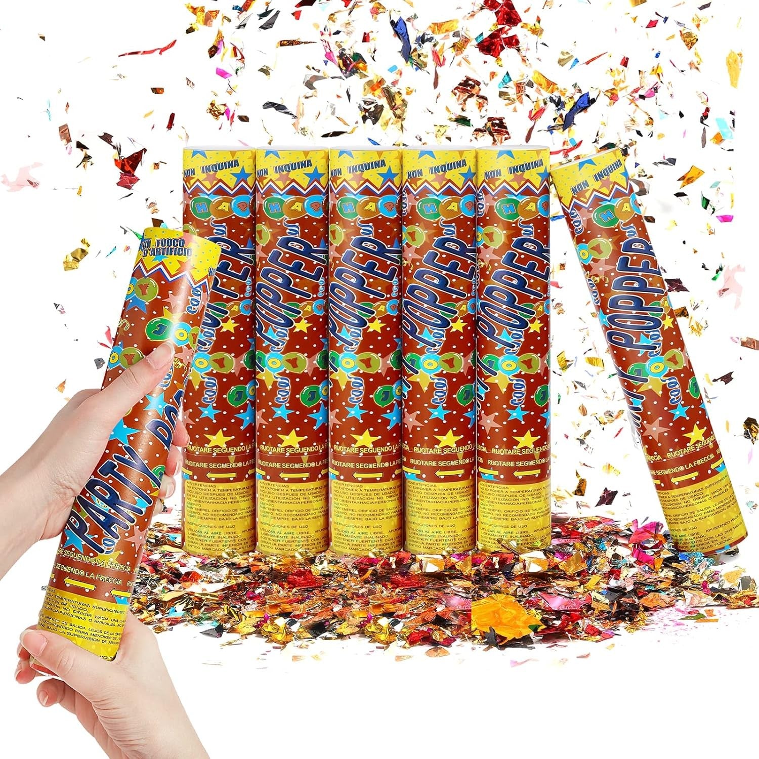 Tun de Confetti, Flippy, Party Popper, 60x5 cm, Model Stelute, Inimioare, Paiete, Lucioase, 3 cm Diametru, Multicolor