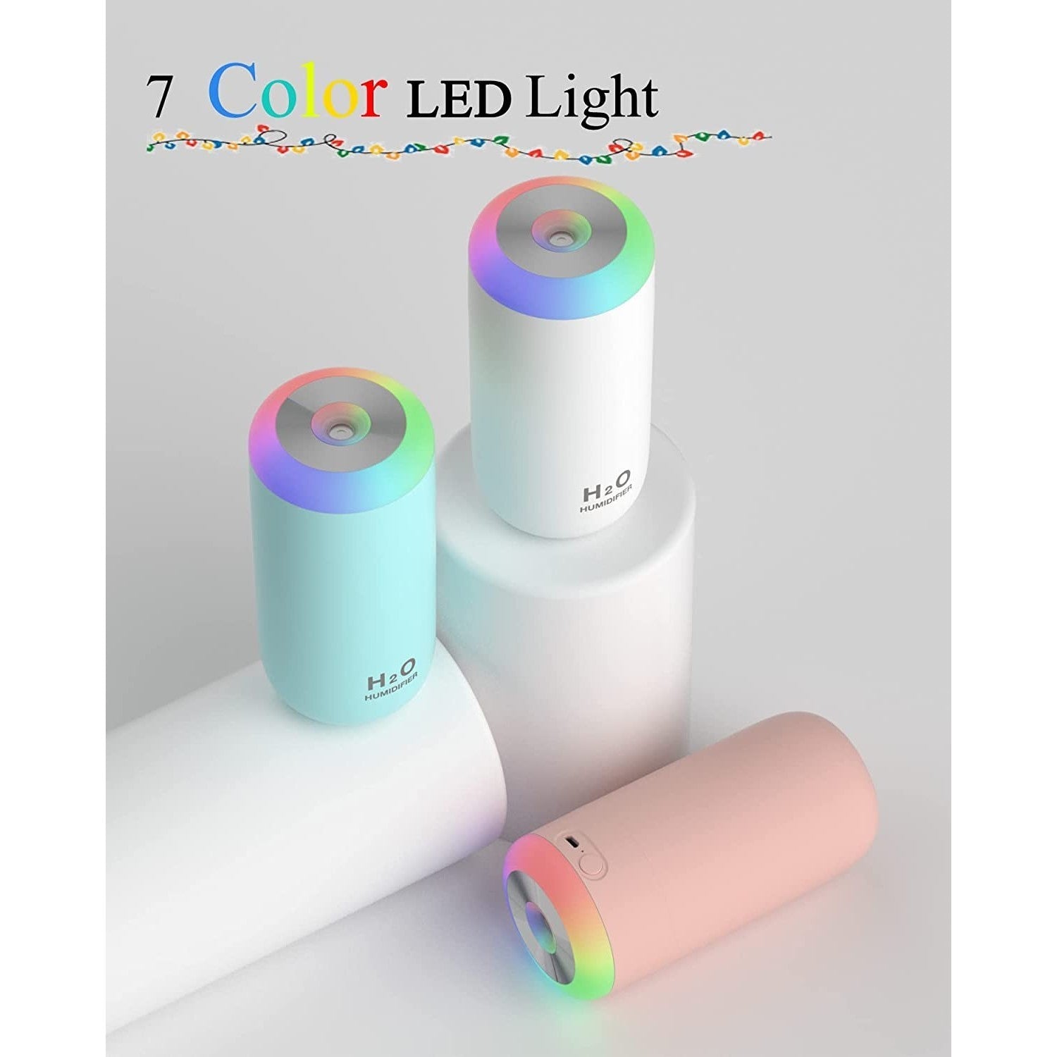 Umidificator, H2O, cu Difuzor de Aroma, Lumina de Noapte LED in 7 Culori, Zgomot Redus, 14.7x7.2cm, 350mL, Culoare