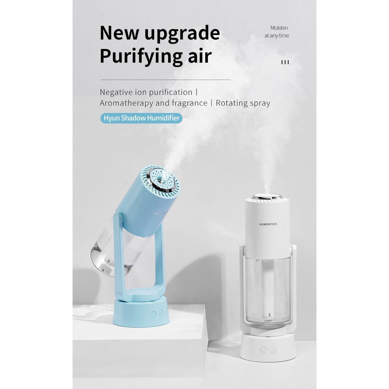 Umidificator si Purificator aer ultrasonic portabil, rezervor 200ml, cu ioni negativi, LED 7 culori, rotatie 360 grade,