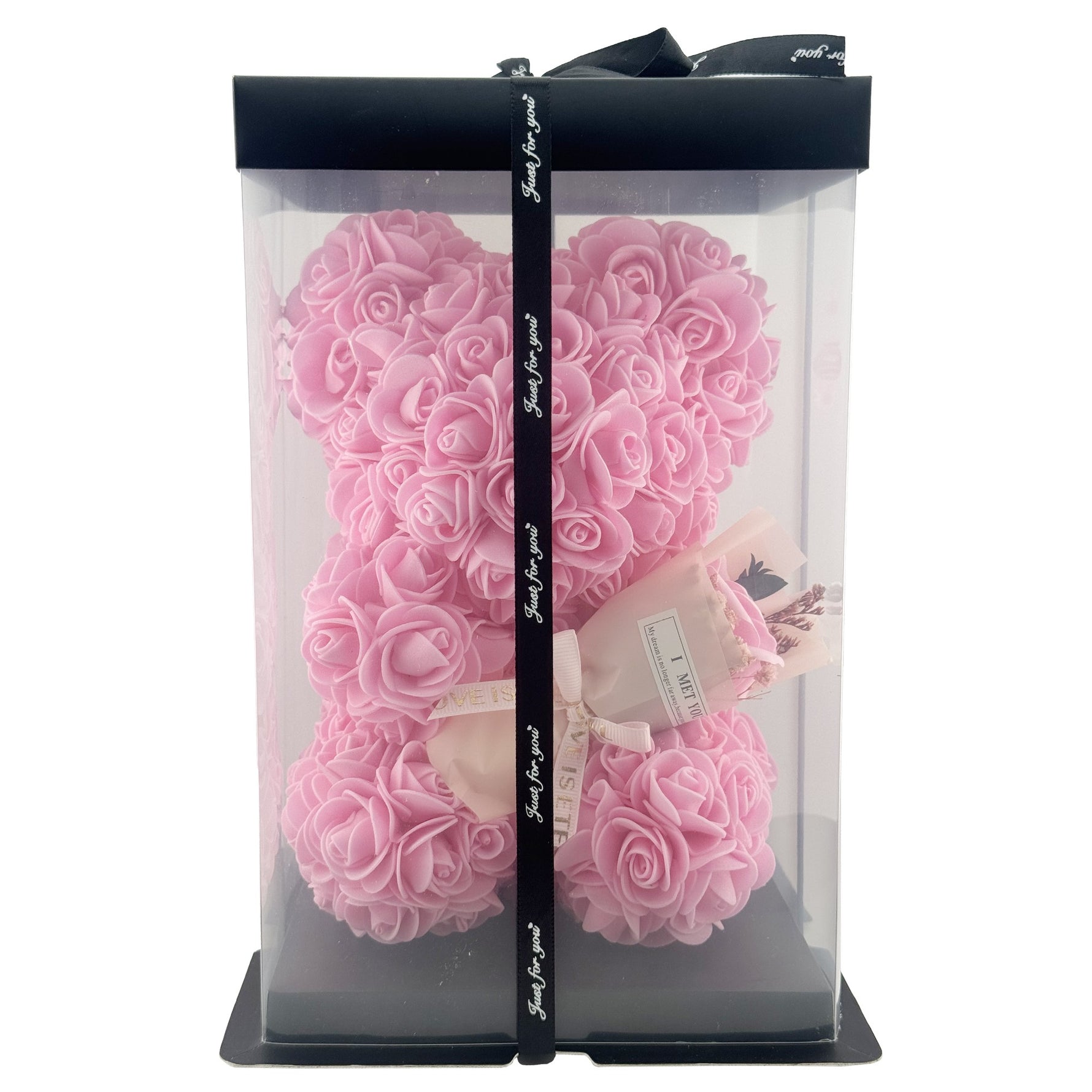 Ursulet din Flori, Flippy, Ursulet din Trandafiri de spuma, Ursuletul 16 x 16 x 23 cm / Cutia Trasparenta 17 x 17 x 25