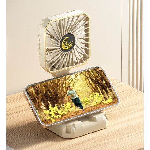 Ventilator Portabil, Flippy, de Gat, de Birou, Suport Telefon, 14 x 7 cm, Incarcare USB, din ABS, 3 Viteze, Bej