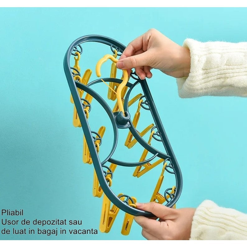 Uscator de Rufe Suspendat Flippy, cu 12 Carlige, Rotire 360 Grade, Protectie Vant, Mateiral Plastic, Usor de Depozitat,