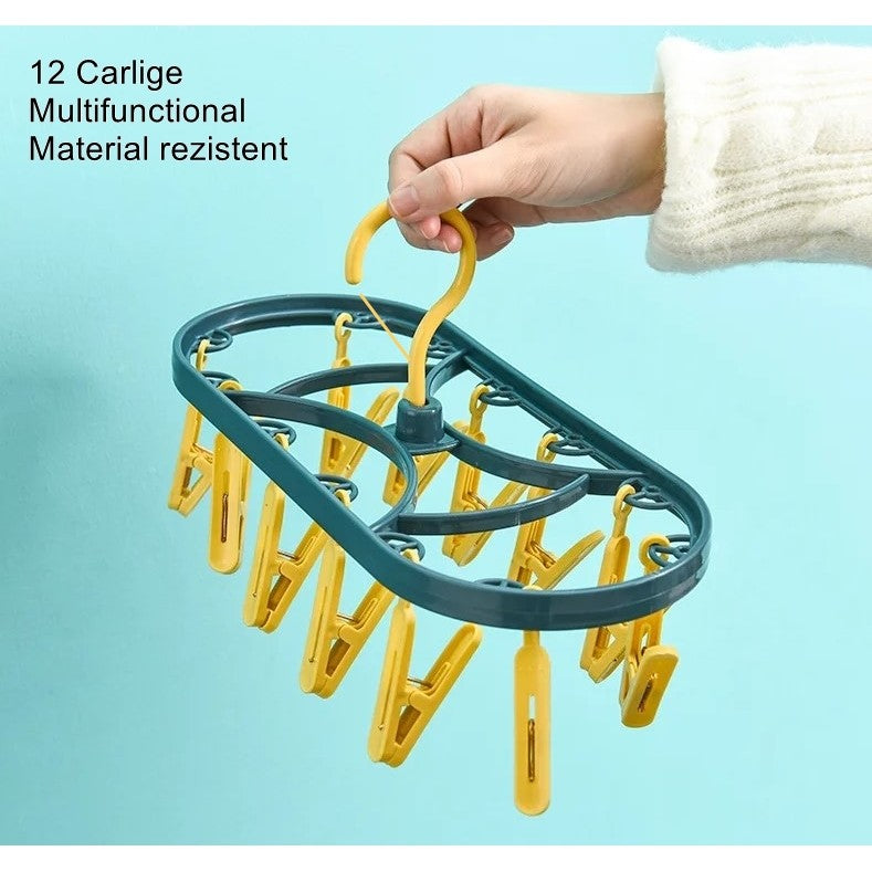 Uscator de Rufe Suspendat Flippy, cu 12 Carlige, Rotire 360 Grade, Protectie Vant, Mateiral Plastic, Usor de Depozitat,