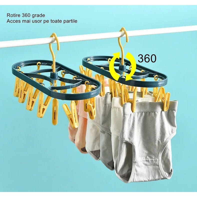 Uscator de Rufe Suspendat Flippy, cu 12 Carlige, Rotire 360 Grade, Protectie Vant, Mateiral Plastic, Usor de Depozitat,