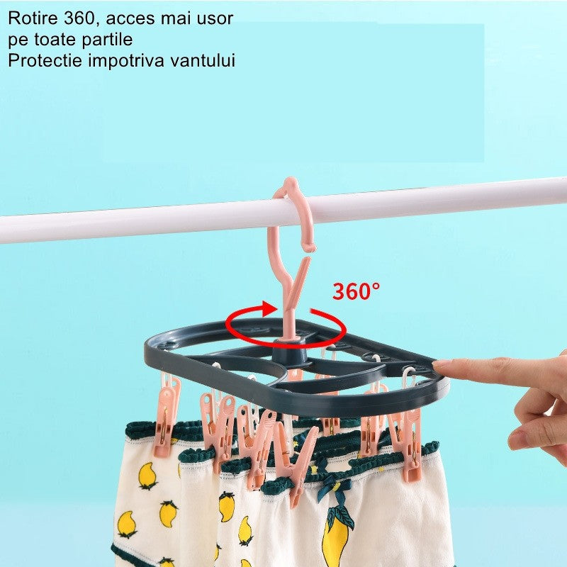 Uscator de Rufe Suspendat Flippy, cu 12 Carlige, Rotire 360 Grade, Protectie Vant, Mateiral Plastic, Usor de Depozitat,