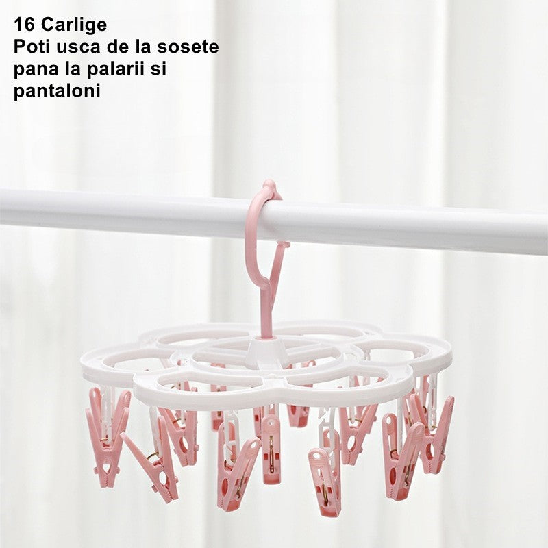 Uscator de Rufe Suspendat Flippy, cu 16 Carlige, Rotire 360 Grade, Mateiral Plastic, Usor de Depozitat,