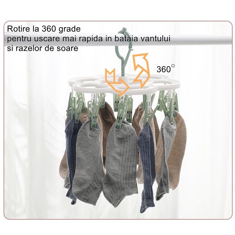 Uscator de Rufe Suspendat Flippy, cu 16 Carlige, Rotire 360 Grade, Mateiral Plastic, Usor de Depozitat,