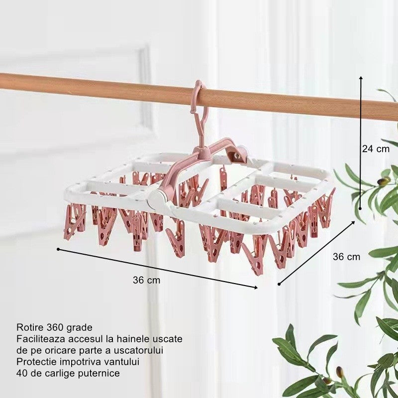 Uscator de Rufe Suspendat Flippy, cu 40 Carlige, Rotire 360 Grade, Protectie Vant, Pliabil, Patrat, Mateiral Plastic,