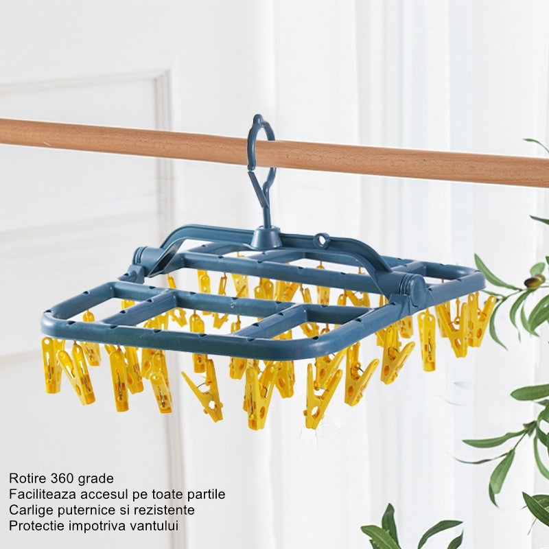 Uscator de Rufe Suspendat Flippy, cu 40 Carlige, Rotire 360 Grade, Protectie Vant, Pliabil, Patrat, Mateiral Plastic,