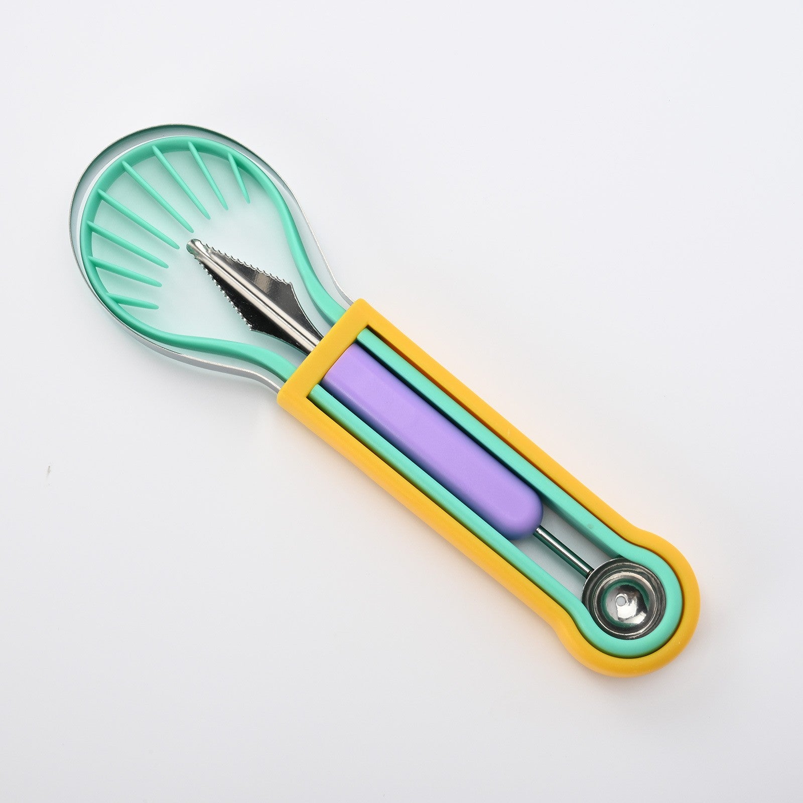 Ustensila bucatarie 4 in 1 pentru taiat si decorat fructe Flippy, material inox si plastic, compact, 28x6.2 cm,
