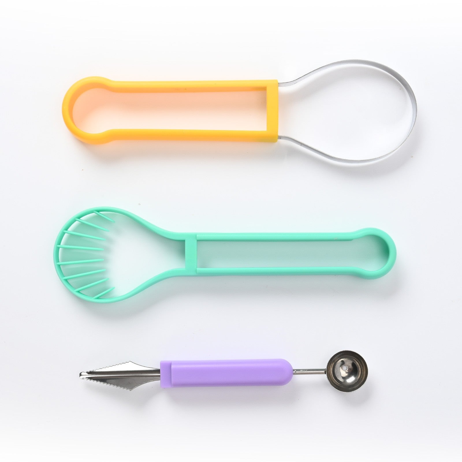 Ustensila bucatarie 4 in 1 pentru taiat si decorat fructe Flippy, material inox si plastic, compact, 28x6.2 cm,