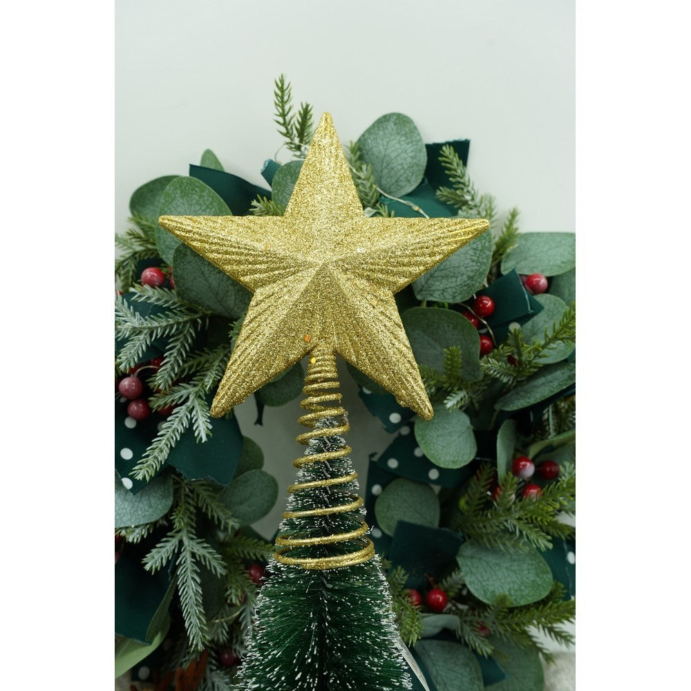 Varf decorativ de brad, Auriu, in forma de Stea, cu design in relief, din Plastic/Metal, 15.5 cm x 20.5 cm,