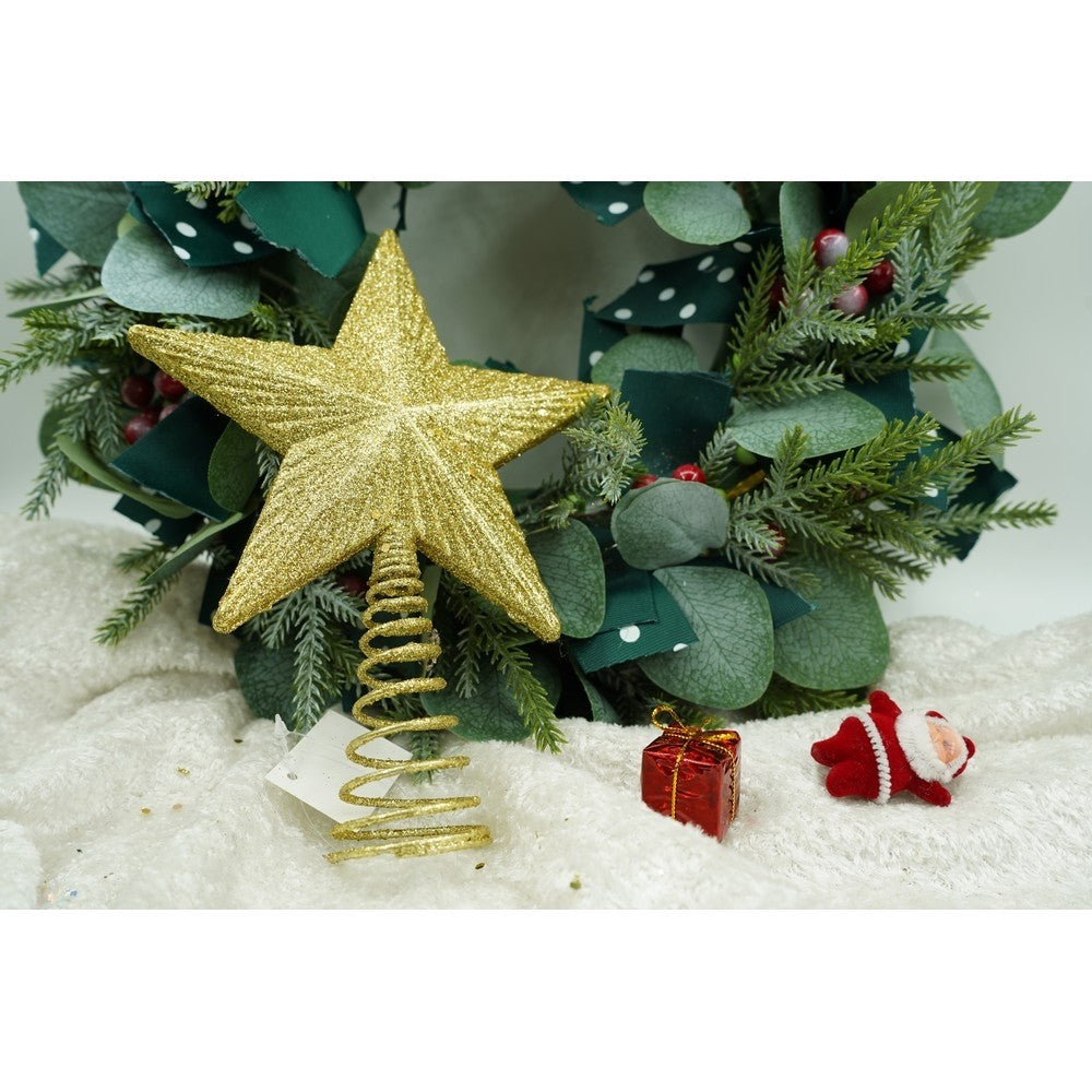 Varf decorativ de brad, Auriu, in forma de Stea, cu design in relief, din Plastic/Metal, 15.5 cm x 20.5 cm,