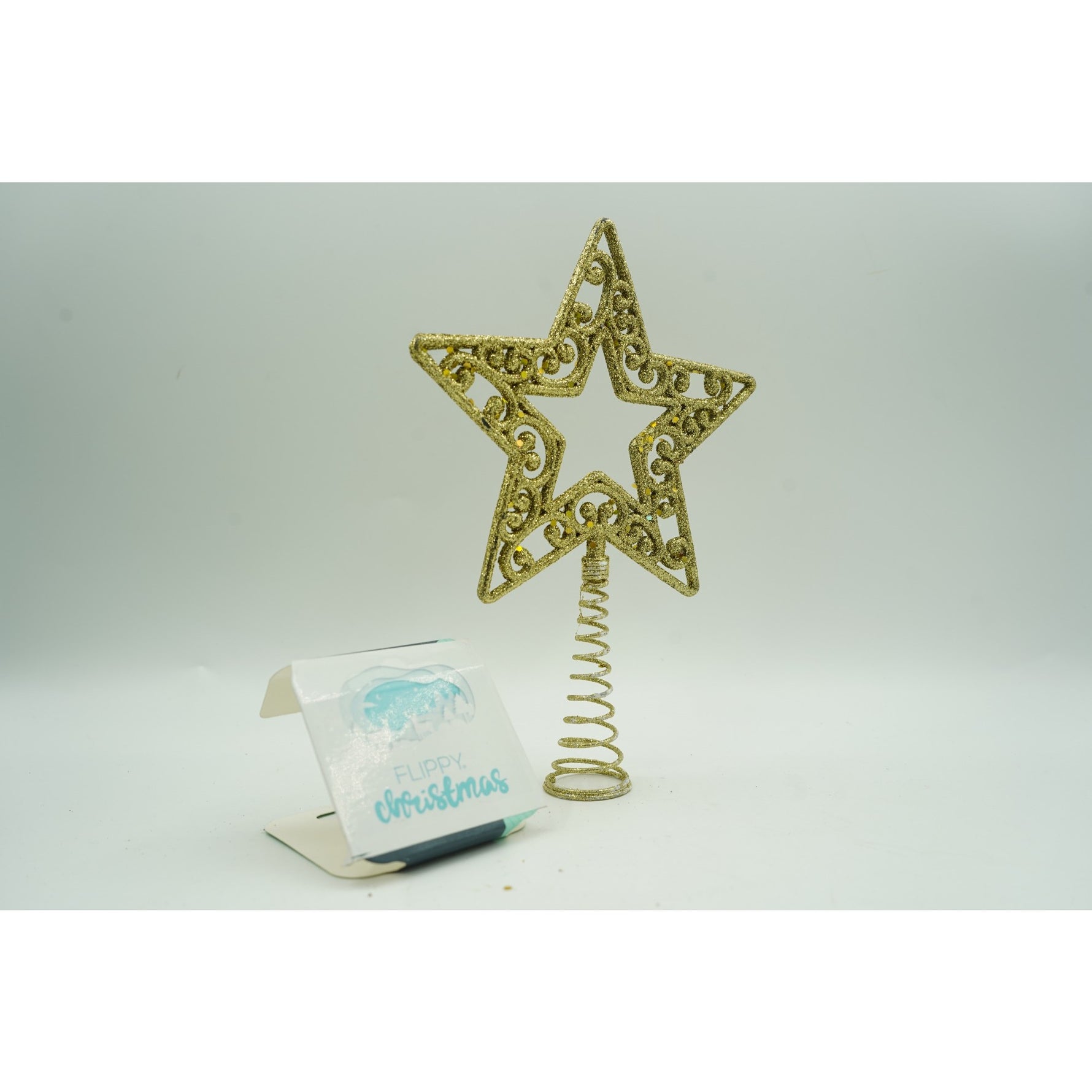 Varf decorativ de brad, Auriu, in forma de Stea, decupata in centru, din Plastic/Metal, 14 cm x 19 cm,