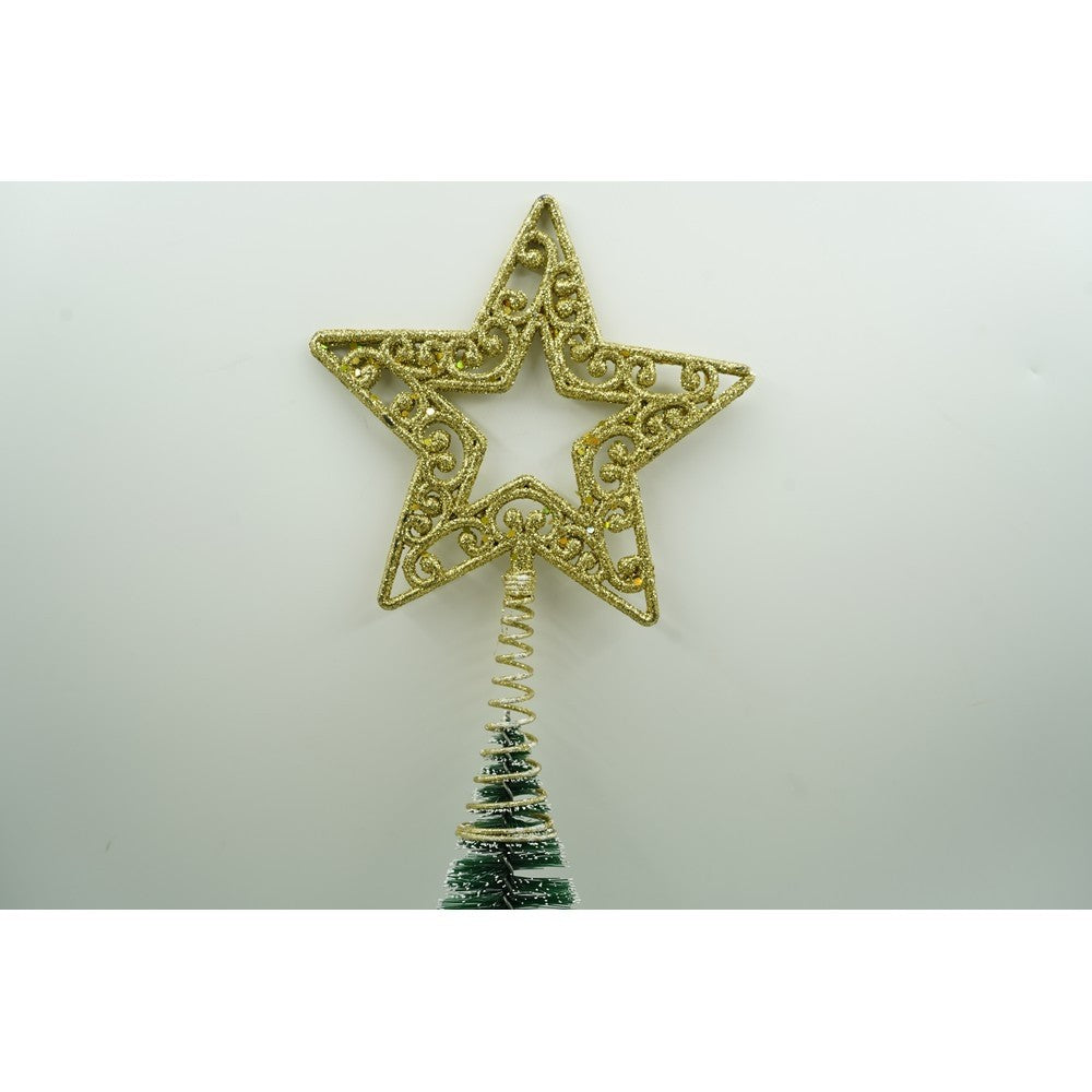 Varf decorativ de brad, Auriu, in forma de Stea, decupata in centru, din Plastic/Metal, 14 cm x 19 cm,
