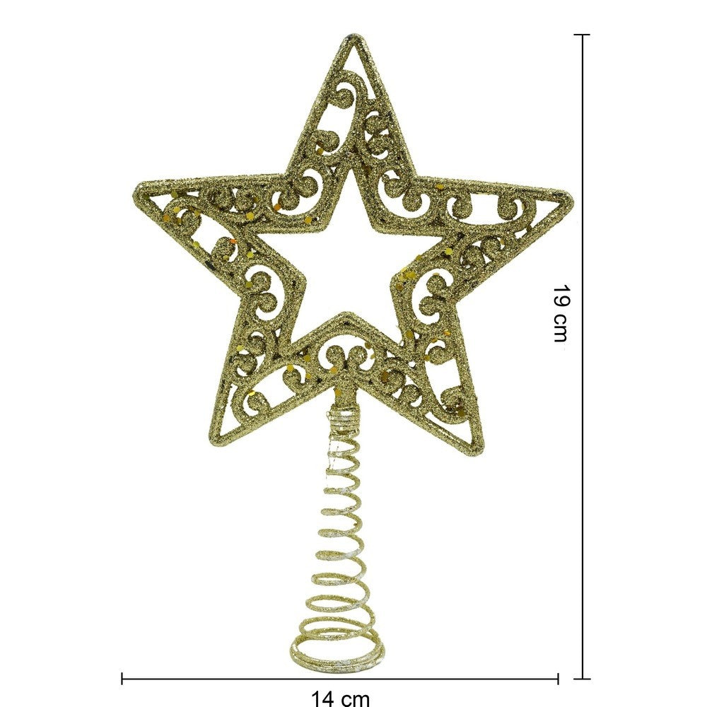 Varf decorativ de brad, Auriu, in forma de Stea, decupata in centru, din Plastic/Metal, 14 cm x 19 cm,
