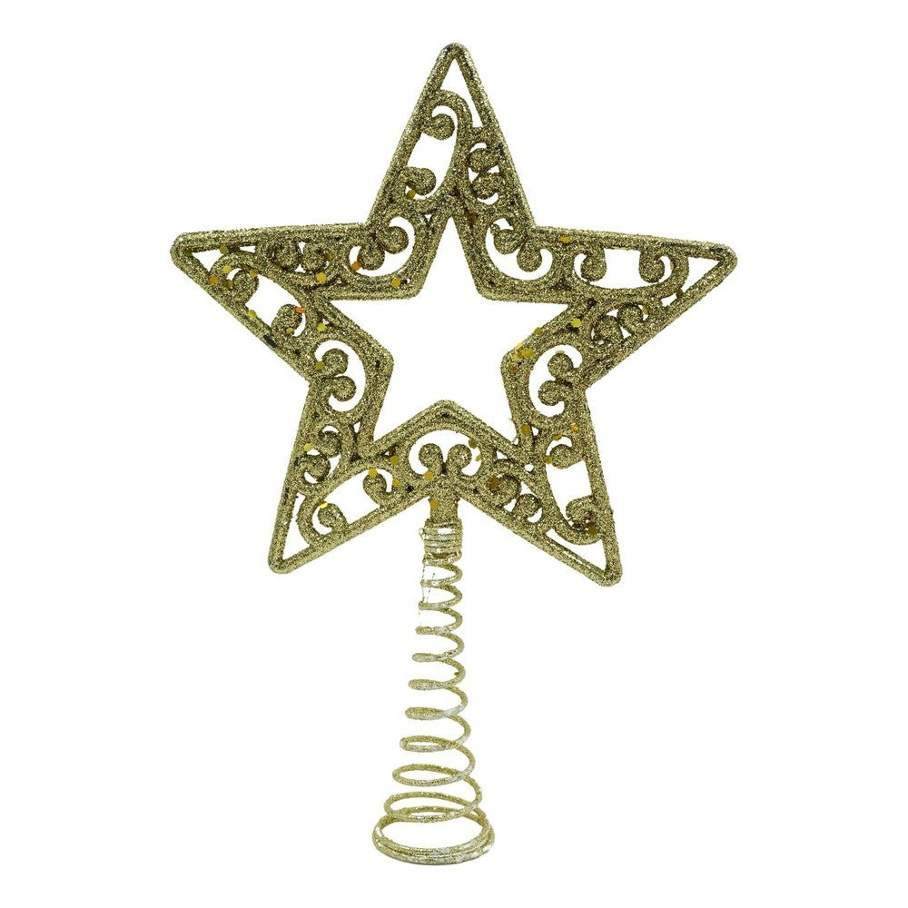 Varf decorativ de brad, Auriu, in forma de Stea, decupata in centru, din Plastic/Metal, 14 cm x 19 cm,