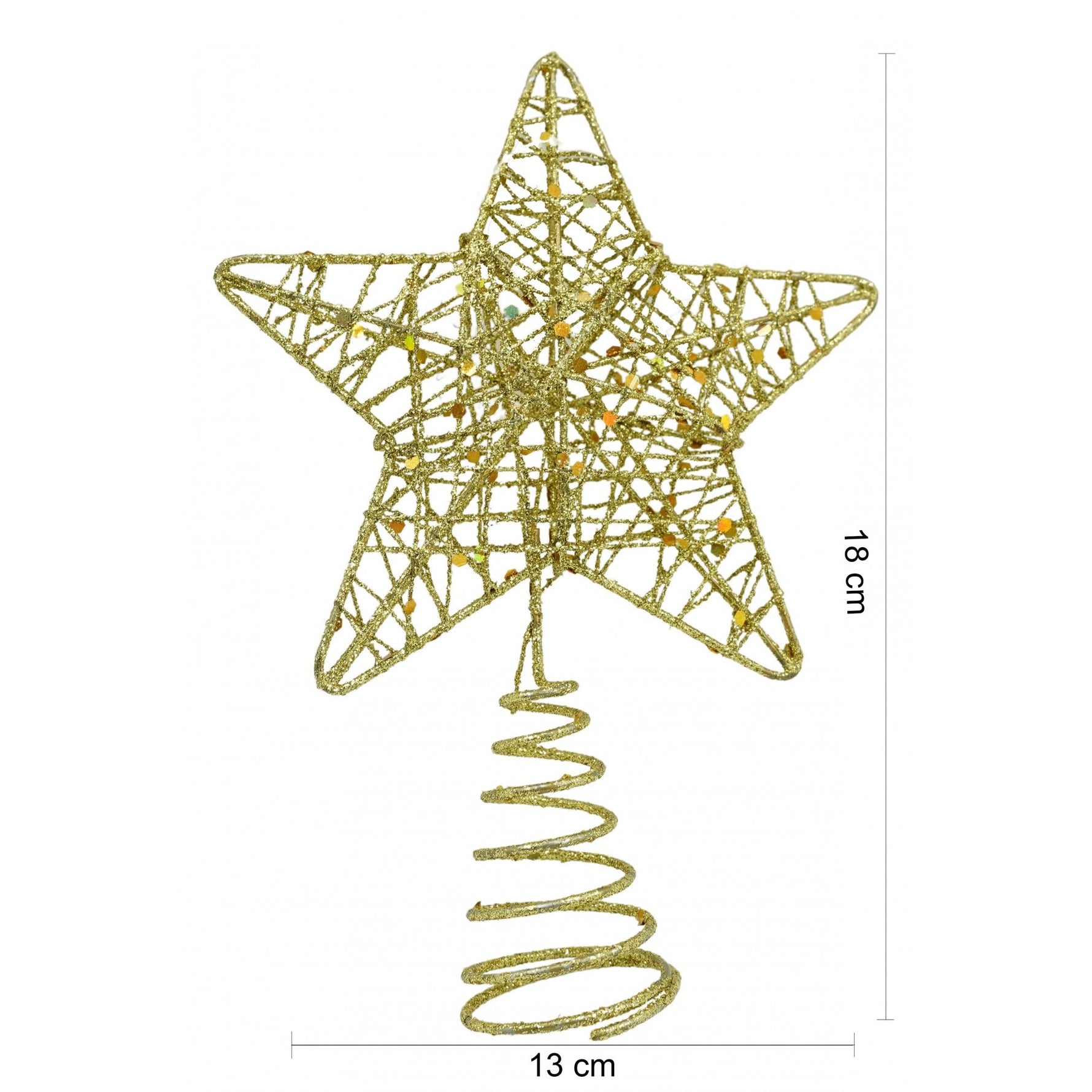 Varf decorativ de brad, Auriu, in forma de Stea, design cu paiete, din Plastic/Metal, 13 cm x 18 cm, diametru 4 cm,