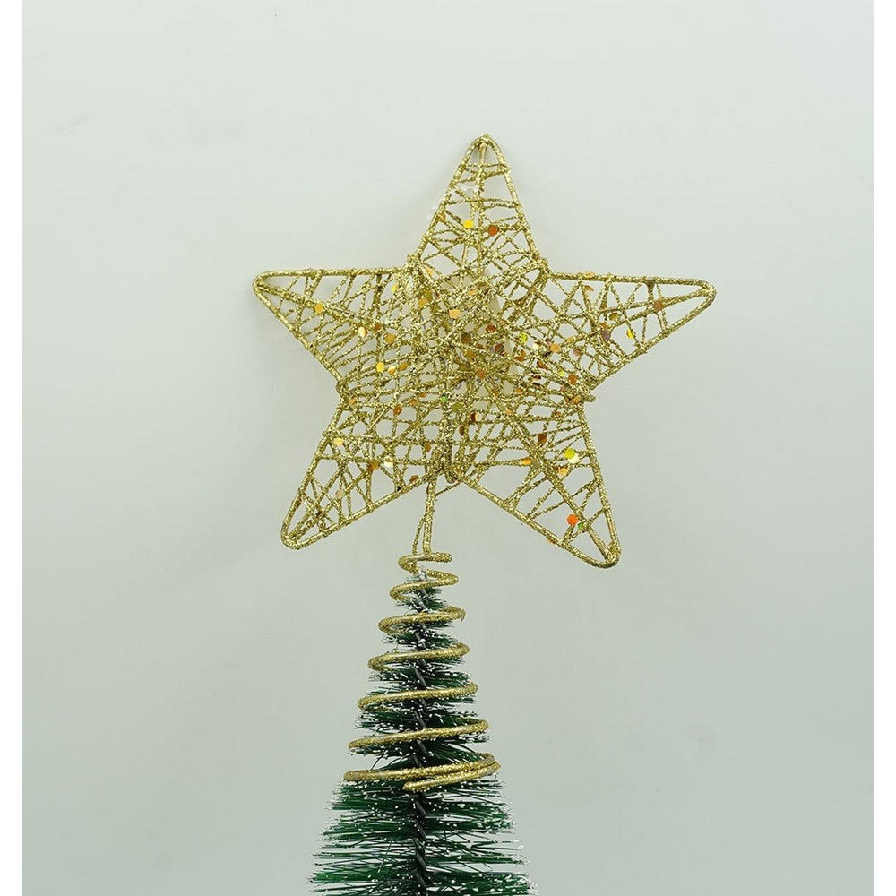 Varf decorativ de brad, Auriu, in forma de Stea, design cu paiete, din Plastic/Metal, 13 cm x 18 cm, diametru 4 cm,