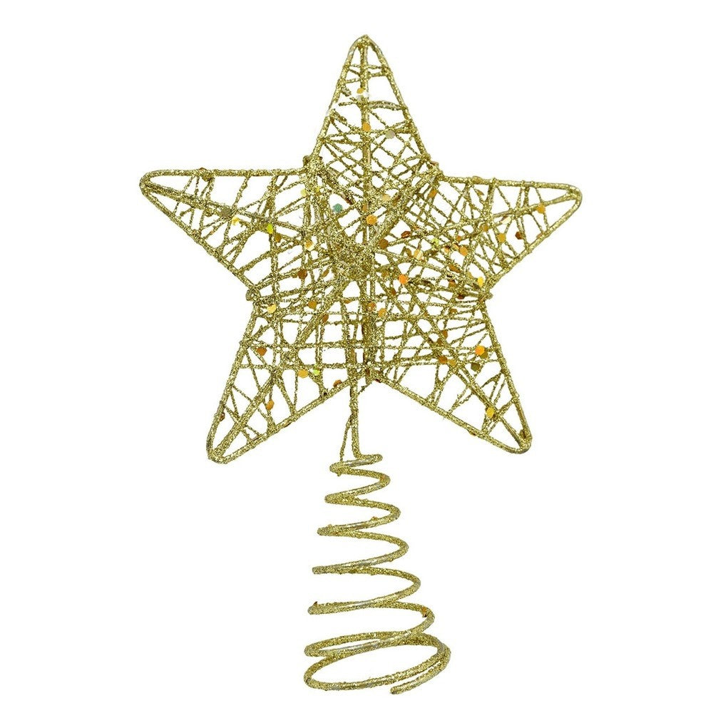 Varf decorativ de brad, Auriu, in forma de Stea, design cu paiete, din Plastic/Metal, 13 cm x 18 cm, diametru 4 cm,