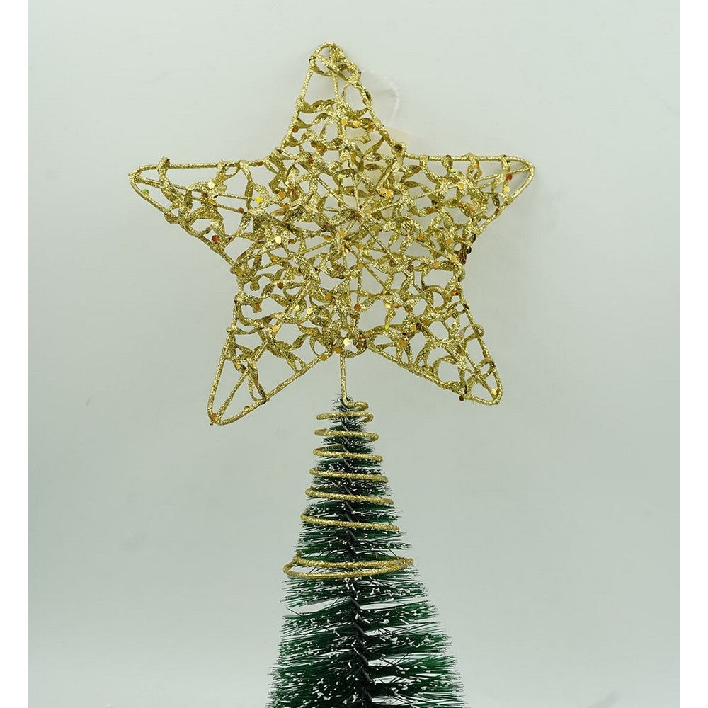 Varf decorativ de brad, Auriu, in forma de Stea, design cu paiete, din Plastic/Metal, 18 cm x 23 cm, Interior/Exterior,
