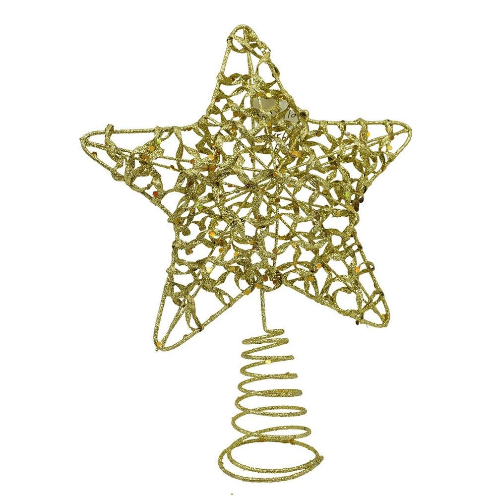 Varf decorativ de brad, Auriu, in forma de Stea, design cu paiete, din Plastic/Metal, 18 cm x 23 cm, Interior/Exterior,