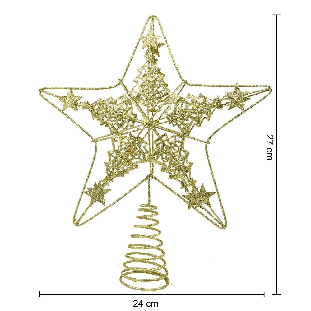 Varf decorativ de brad, Auriu, in forma de Stea, design de braduti, din Plastic/Metal, 24 cm x 27 cm,