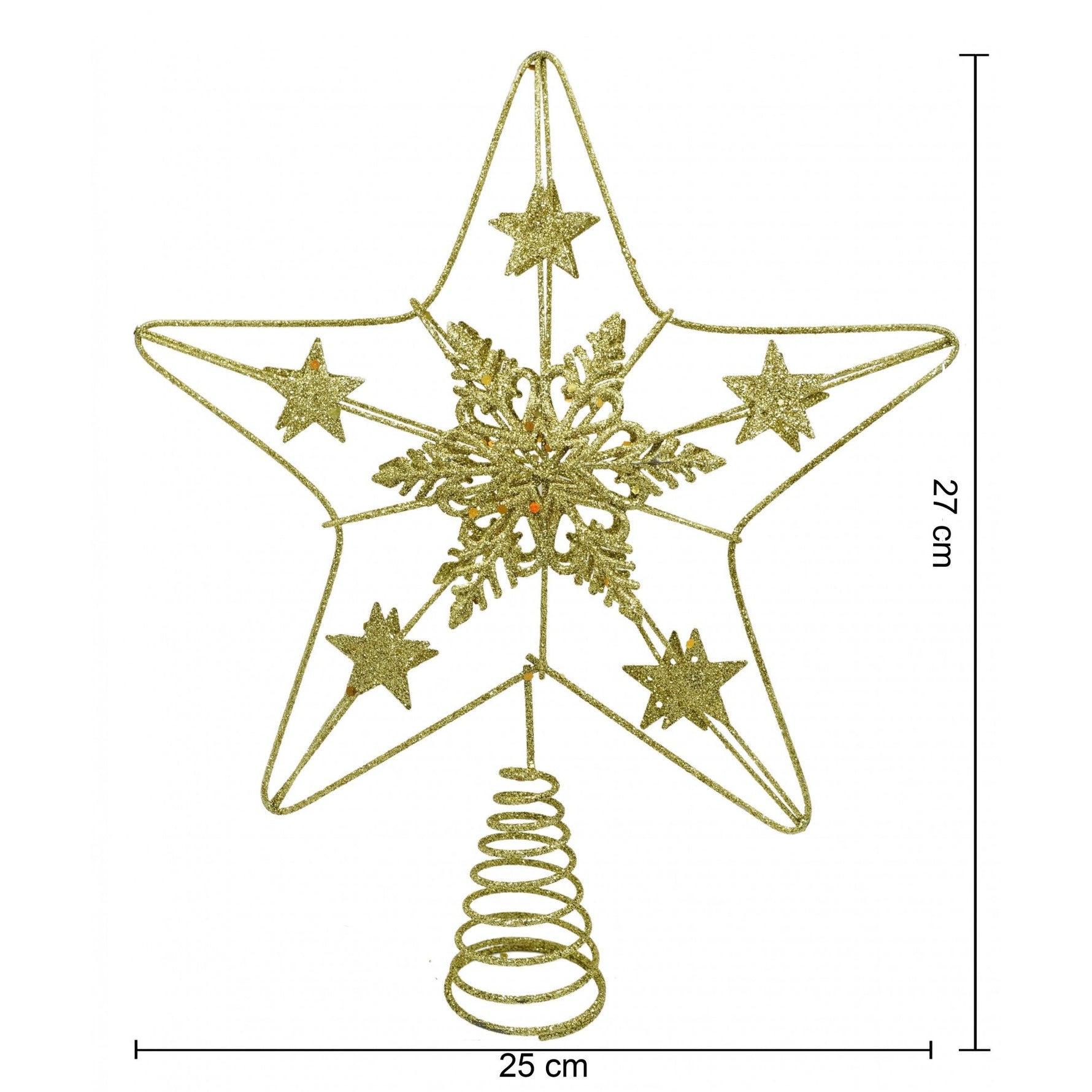 Varf decorativ de brad, Auriu, in forma de Stea, design de stele, din Plastic/Metal, 25 cm x 27 cm, Interior/Exterior,