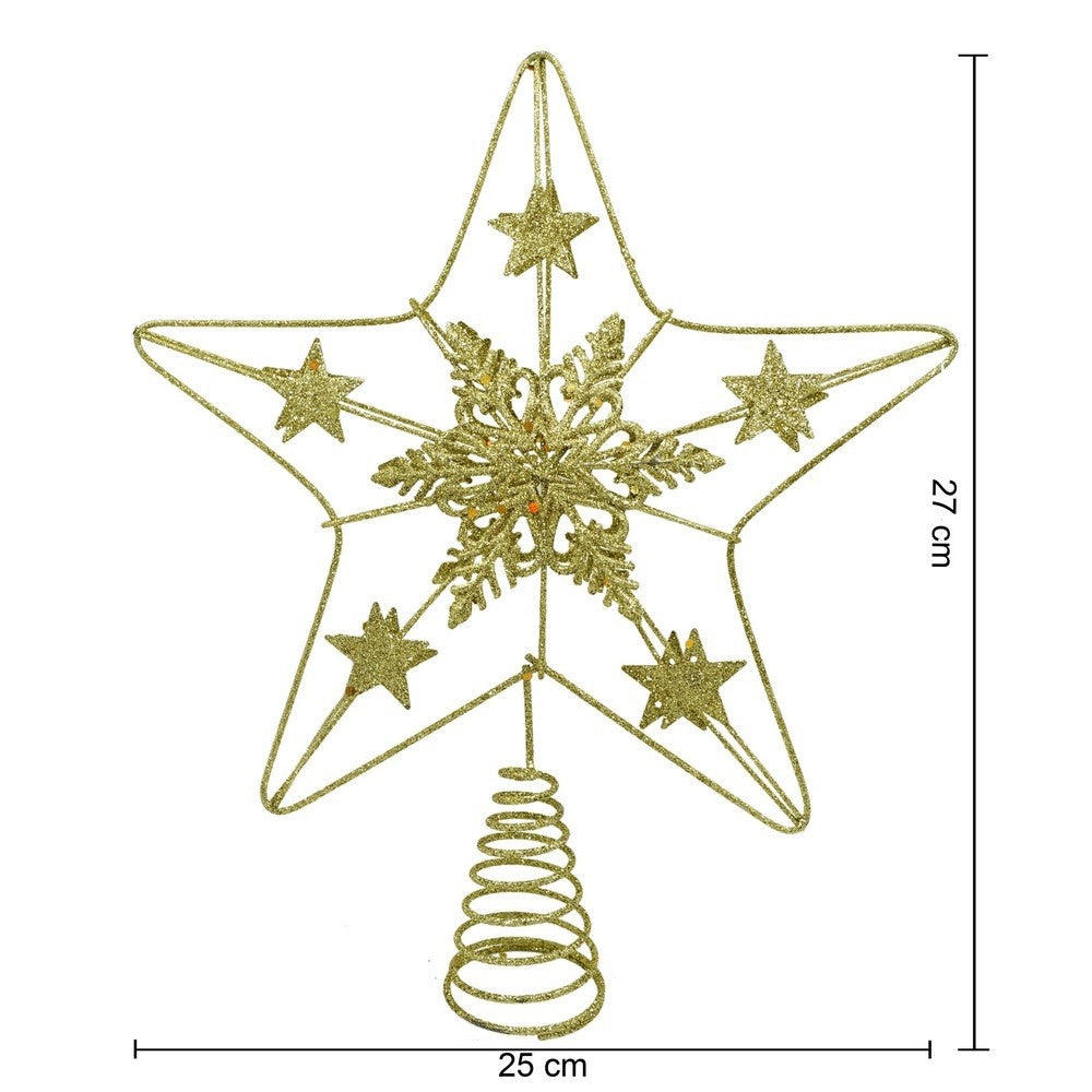 Varf decorativ de brad, Auriu, in forma de Stea, design de stele, din Plastic/Metal, 25 cm x 27 cm, Interior/Exterior,