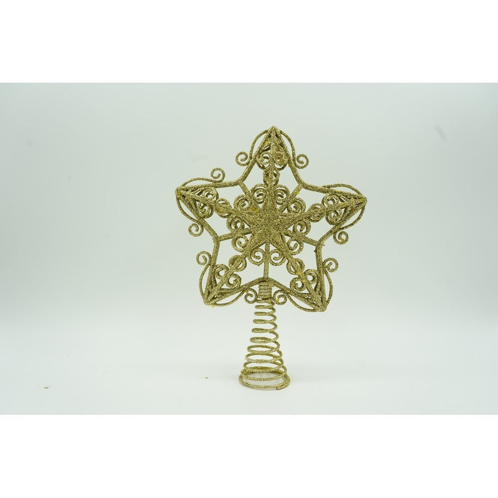 Varf decorativ de brad, Auriu, in forma de Stea, design forjat, din Plastic/Metal, 14.5 cm x 20 cm, Interior/Exterior,