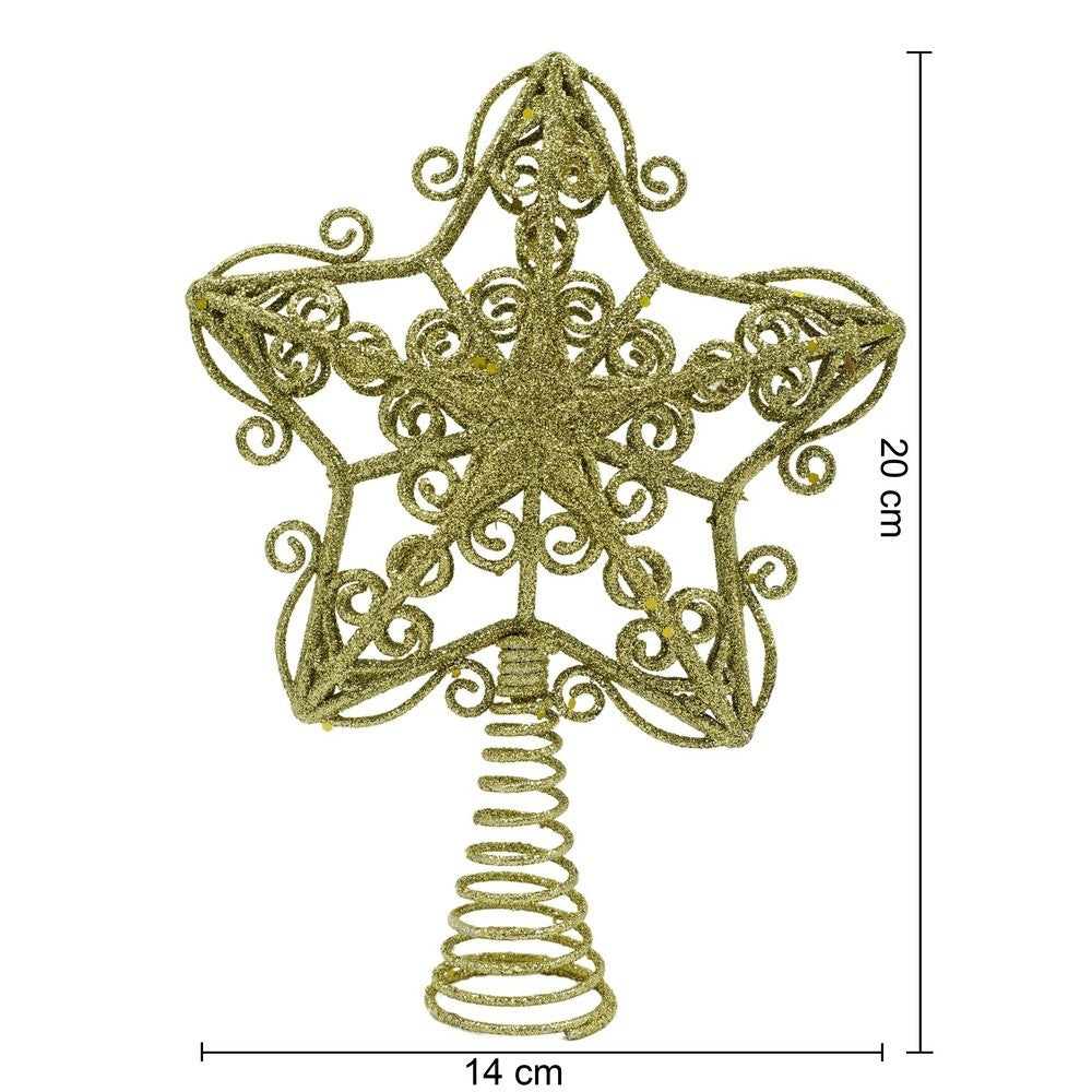 Varf decorativ de brad, Auriu, in forma de Stea, design forjat, din Plastic/Metal, 14.5 cm x 20 cm, Interior/Exterior,