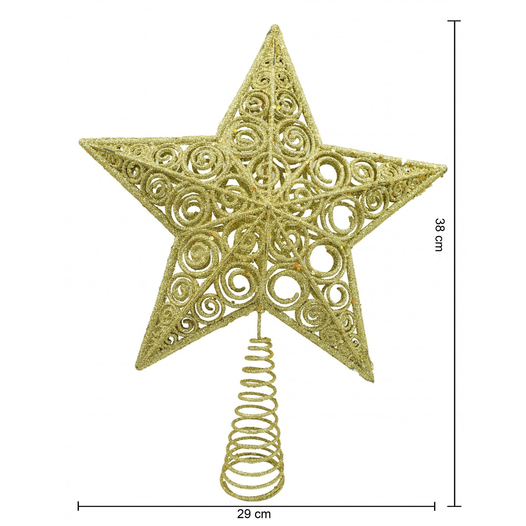 Varf decorativ de brad, Auriu, in forma de Stea, design spiralat, din Plastic/Metal, 29 cm x 38 cm, Interior/Exterior,