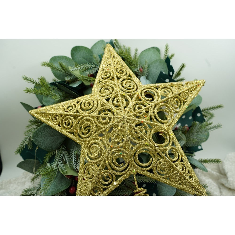 Varf decorativ de brad, Auriu, in forma de Stea, design spiralat, din Plastic/Metal, 29 cm x 38 cm, Interior/Exterior,