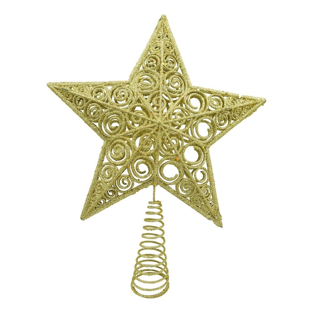 Varf decorativ de brad, Auriu, in forma de Stea, design spiralat, din Plastic/Metal, 29 cm x 38 cm, Interior/Exterior,