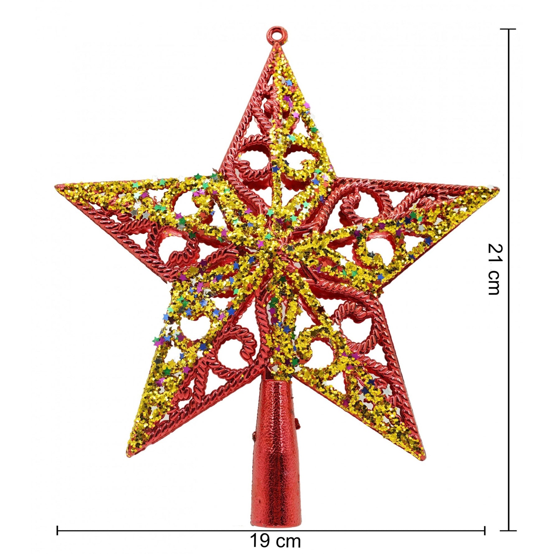 Varf decorativ de brad, Rosu/ Auriu, in forma de Stea, design spiralat, din Plastic, 19 cm x 21 cm, Interior/Exterior,