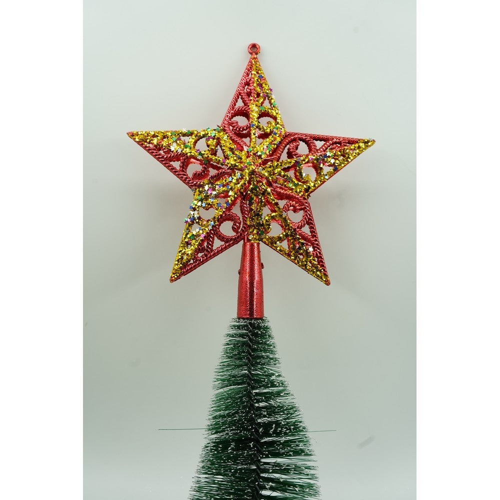 Varf decorativ de brad, Rosu/ Auriu, in forma de Stea, design spiralat, din Plastic, 19 cm x 21 cm, Interior/Exterior,