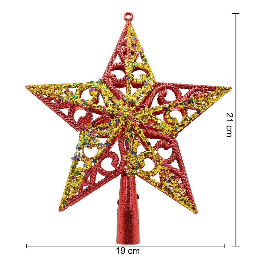 Varf decorativ de brad, Rosu/ Auriu, in forma de Stea, design spiralat, din Plastic, 19 cm x 21 cm, Interior/Exterior,